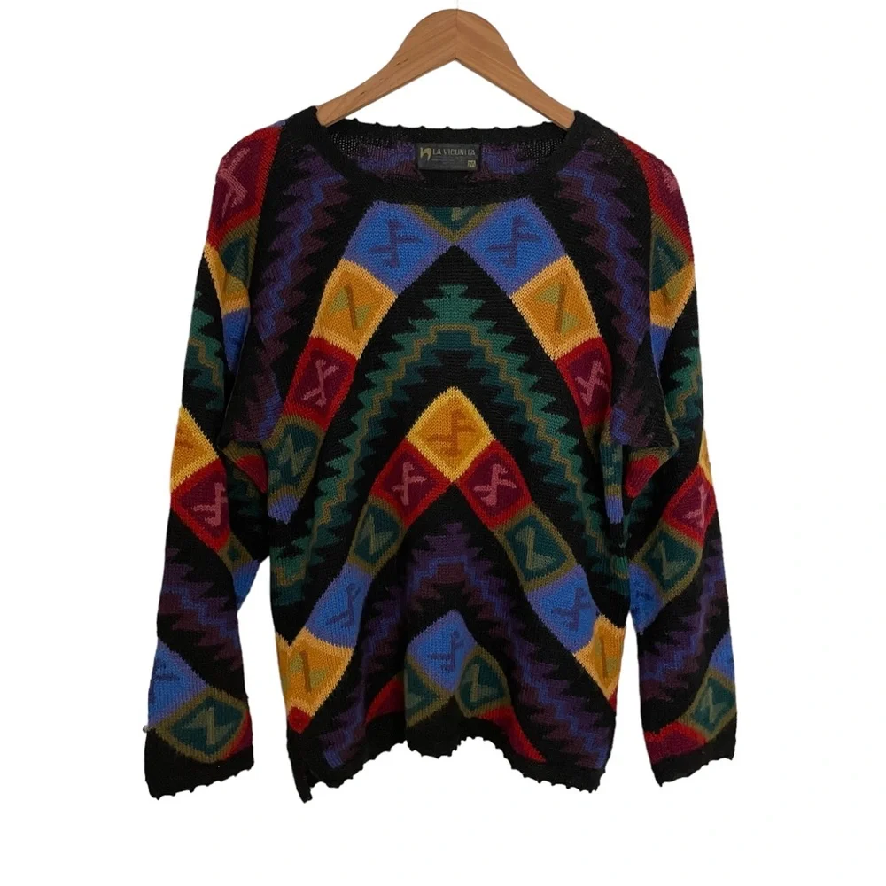 La Vicunita 100% Baby Alpaca Sweater Geometric Colorful Medium